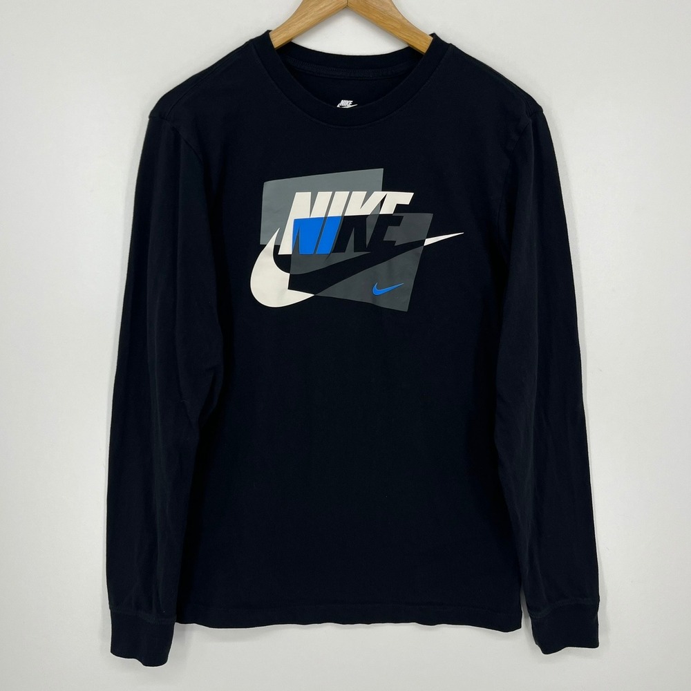 Nike Mens Long Sleeve Graphic Tee Black Blue Swoosh Logo Size S Small